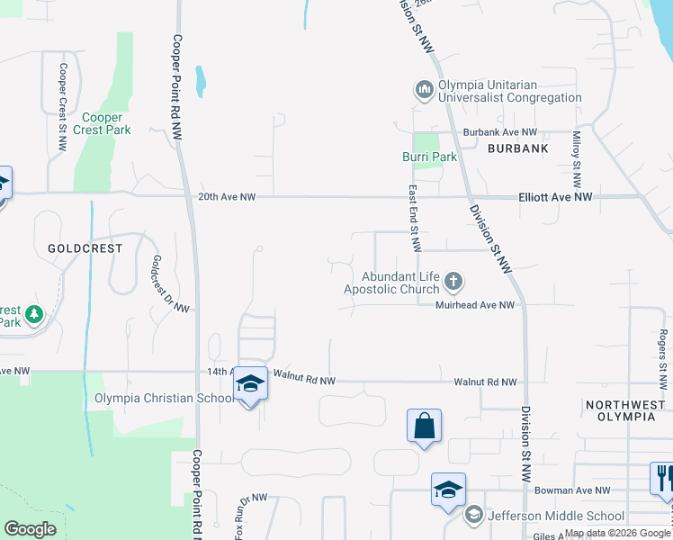 map of restaurants, bars, coffee shops, grocery stores, and more near 1821 Jonquil Lane Northwest in Olympia