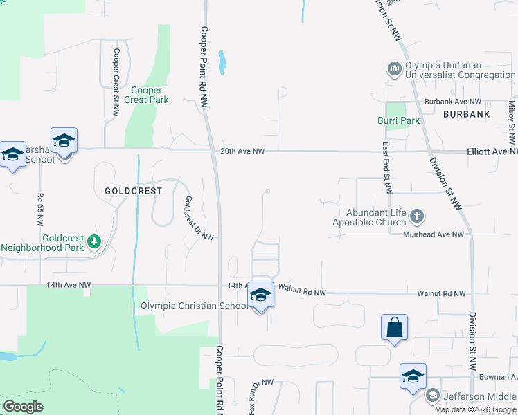 map of restaurants, bars, coffee shops, grocery stores, and more near 1812 Cyrene Drive Northwest in Olympia