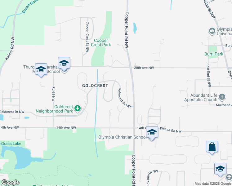 map of restaurants, bars, coffee shops, grocery stores, and more near 1713 Easthill Place Northwest in Olympia