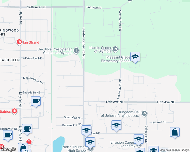 map of restaurants, bars, coffee shops, grocery stores, and more near 1733 Melinda Court Northeast in Olympia