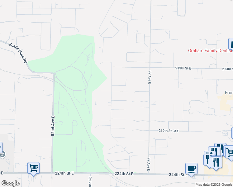 map of restaurants, bars, coffee shops, grocery stores, and more near 8815 215th Street Court East in Graham