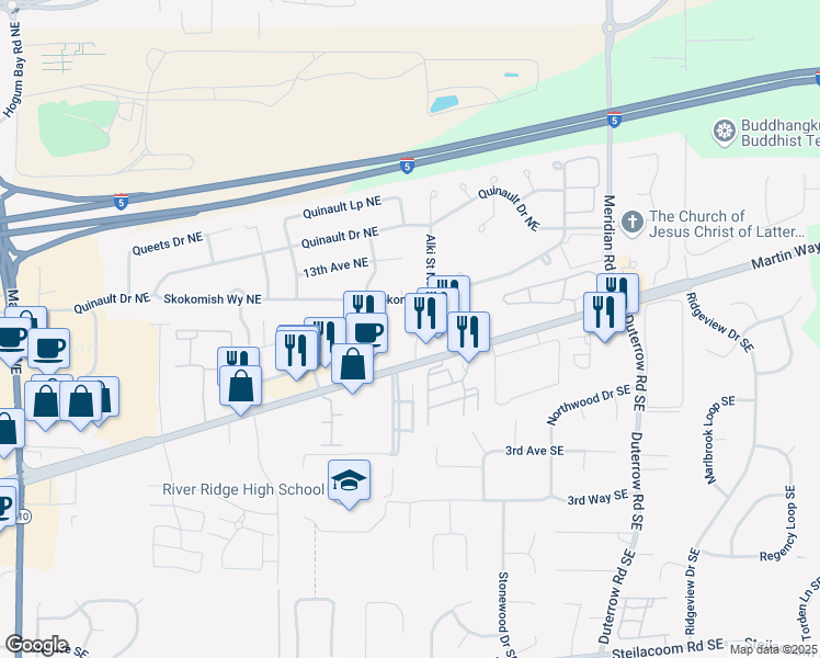 map of restaurants, bars, coffee shops, grocery stores, and more near 8940 Martin Way East in Lacey
