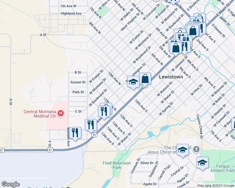 map of restaurants, bars, coffee shops, grocery stores, and more near 1021-1099 West Washington Street in Lewistown