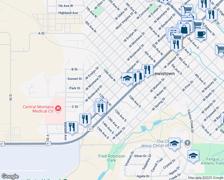 map of restaurants, bars, coffee shops, grocery stores, and more near 1021 West Washington Street in Lewistown