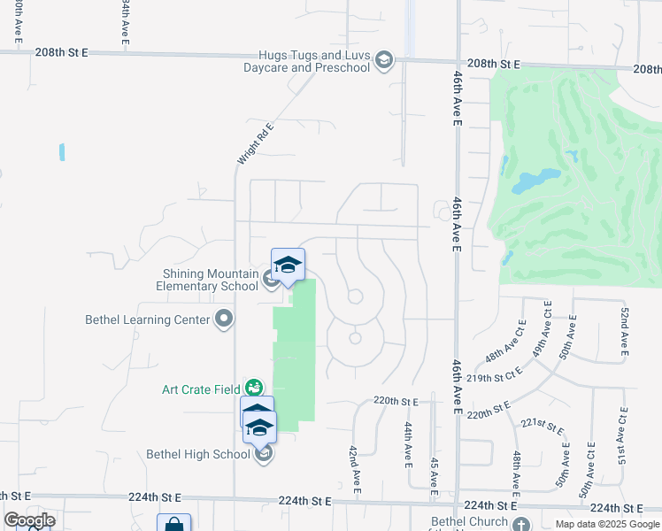 map of restaurants, bars, coffee shops, grocery stores, and more near 21506 41st Avenue East in Spanaway
