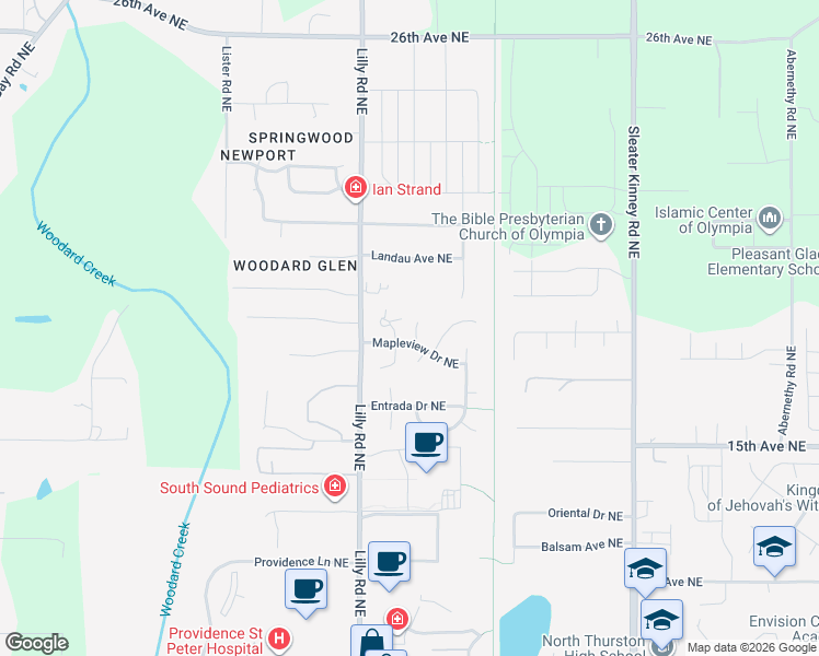 map of restaurants, bars, coffee shops, grocery stores, and more near 1807 Mapleleaf Court Northeast in Olympia