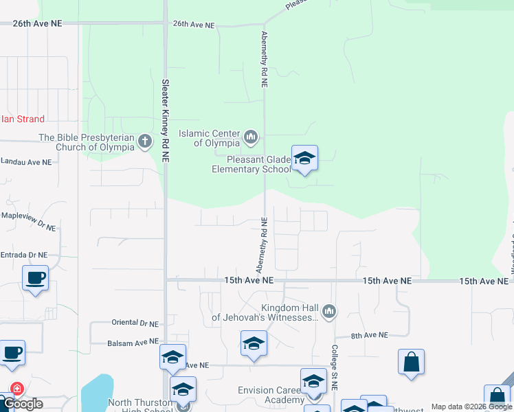 map of restaurants, bars, coffee shops, grocery stores, and more near 1805 Abernethy Road Northeast in Olympia