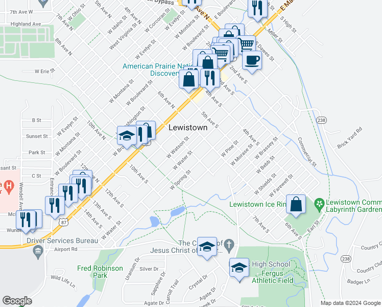map of restaurants, bars, coffee shops, grocery stores, and more near 314 7th Ave S in Lewistown