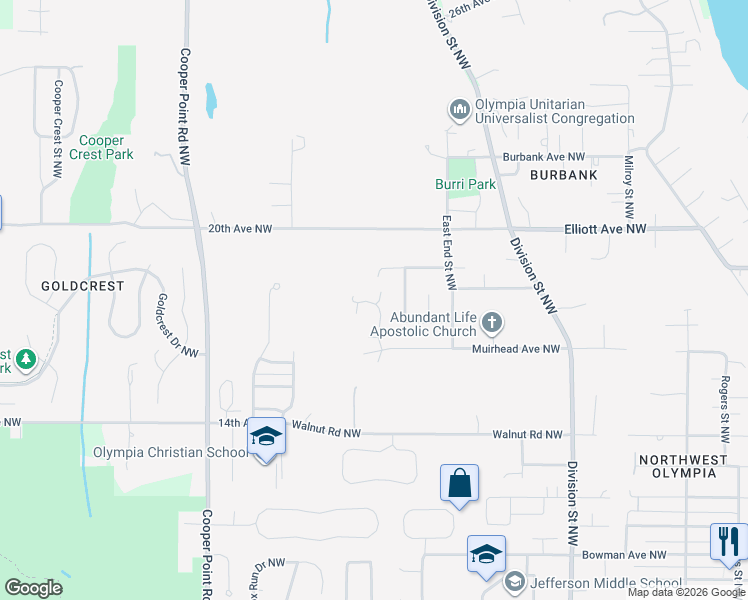 map of restaurants, bars, coffee shops, grocery stores, and more near 1821 Jonquil Lane Northwest in Olympia