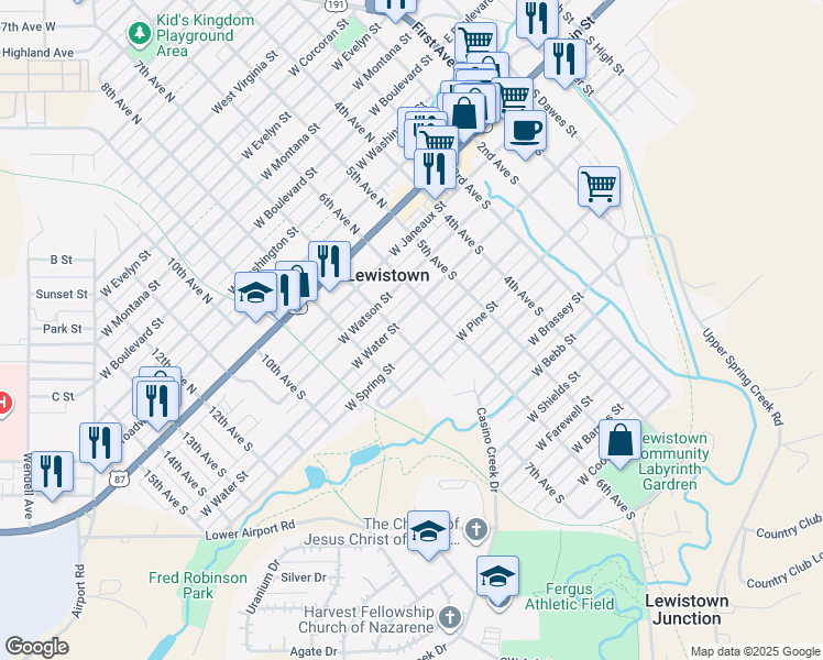map of restaurants, bars, coffee shops, grocery stores, and more near 314 7th Ave S in Lewistown