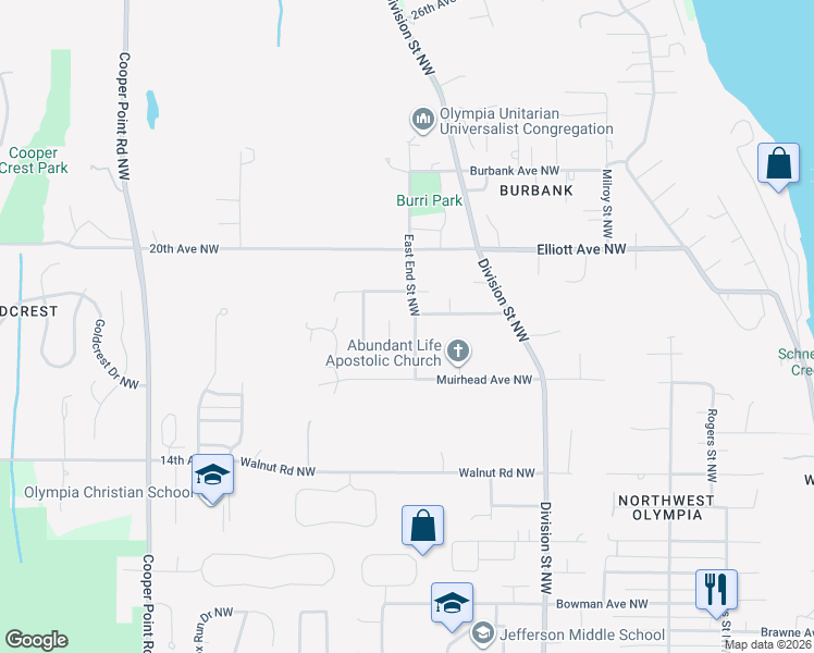 map of restaurants, bars, coffee shops, grocery stores, and more near 1821 East End Street Northwest in Olympia