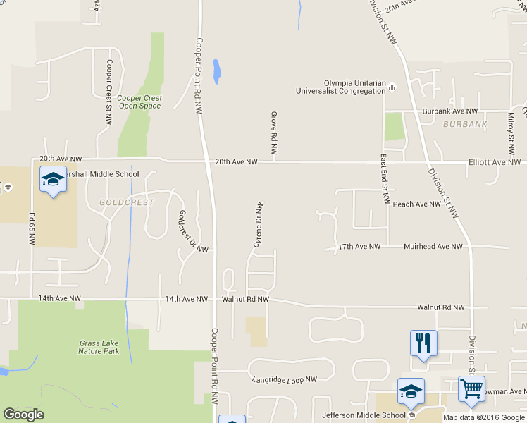 map of restaurants, bars, coffee shops, grocery stores, and more near 1812 Cyrene Drive Northwest in Olympia