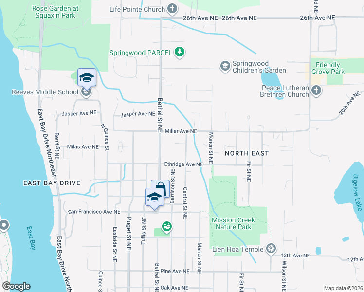 map of restaurants, bars, coffee shops, grocery stores, and more near 1833 Central Street Northeast in Olympia