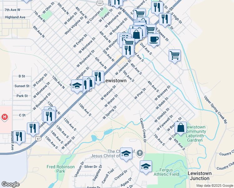map of restaurants, bars, coffee shops, grocery stores, and more near 314 7th Ave S in Lewistown