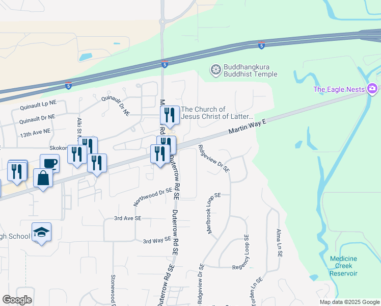 map of restaurants, bars, coffee shops, grocery stores, and more near Ridgeview Dr SE in Olympia