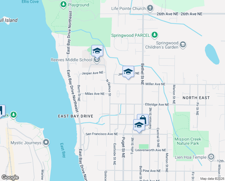map of restaurants, bars, coffee shops, grocery stores, and more near 1820 Quince Street Northeast in Olympia
