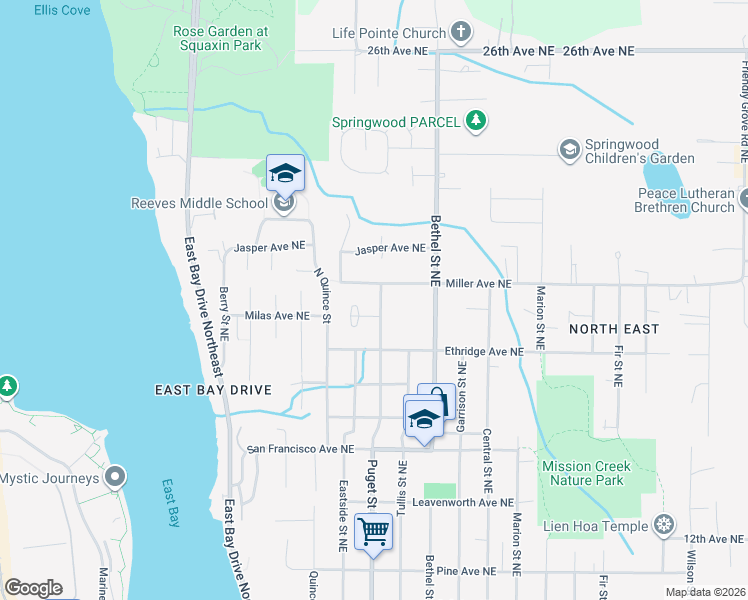 map of restaurants, bars, coffee shops, grocery stores, and more near 1837 Ethridge Court Northeast in Olympia