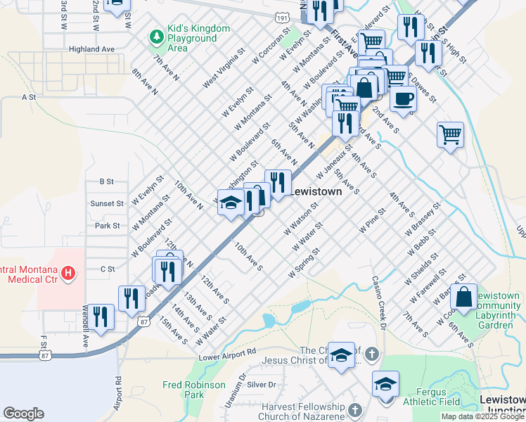 map of restaurants, bars, coffee shops, grocery stores, and more near 818 West Janeaux Street in Lewistown