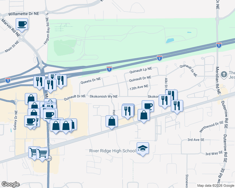 map of restaurants, bars, coffee shops, grocery stores, and more near 8633 Quinault Drive Northeast in Olympia
