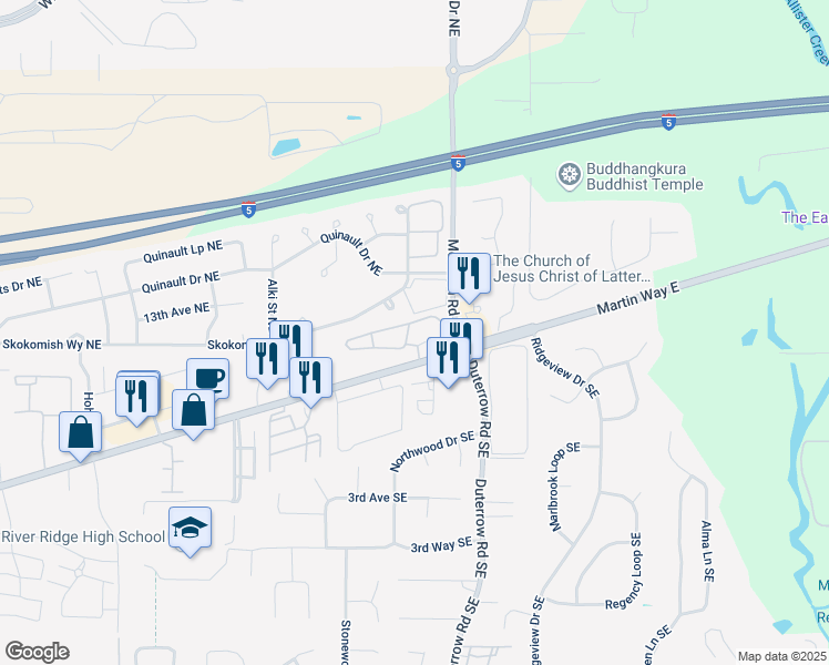 map of restaurants, bars, coffee shops, grocery stores, and more near 1136 Wapato Court Northeast in Olympia