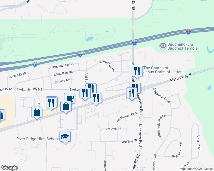 map of restaurants, bars, coffee shops, grocery stores, and more near 9138 Skokomish Way Northeast in Olympia