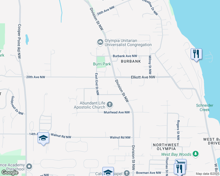 map of restaurants, bars, coffee shops, grocery stores, and more near 2319 Elliott Avenue Northwest in Olympia