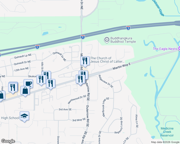 map of restaurants, bars, coffee shops, grocery stores, and more near 9410 Martin Way East in Olympia