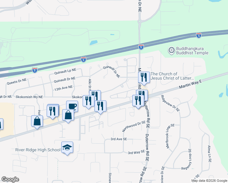 map of restaurants, bars, coffee shops, grocery stores, and more near 9132-9138 Skokomish Way Northeast in Olympia