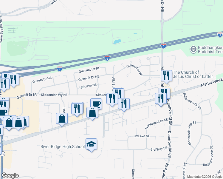 map of restaurants, bars, coffee shops, grocery stores, and more near 8913 13th Avenue Northeast in Olympia