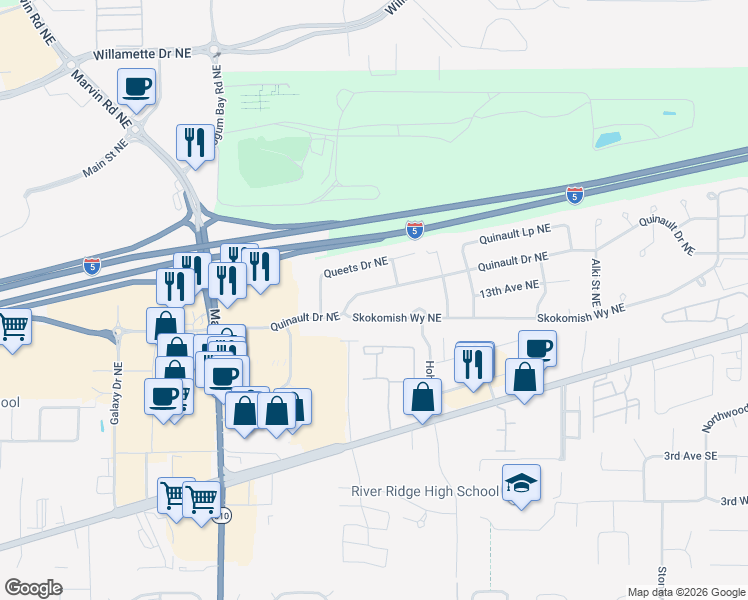 map of restaurants, bars, coffee shops, grocery stores, and more near 8520 Quinault Drive Northeast in Olympia