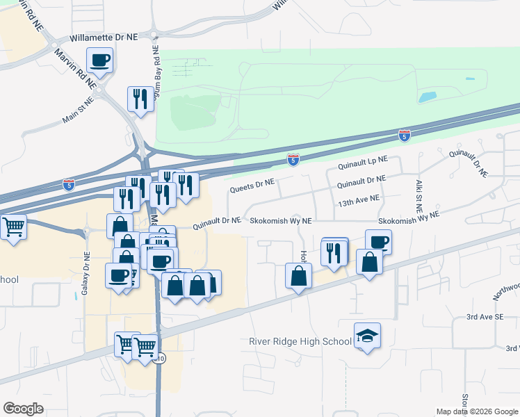 map of restaurants, bars, coffee shops, grocery stores, and more near 8520 Quinault Drive Northeast in Olympia