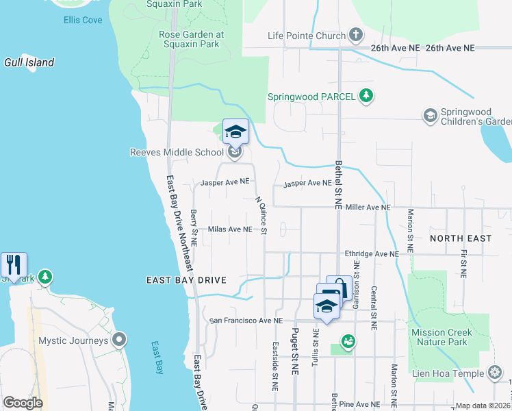 map of restaurants, bars, coffee shops, grocery stores, and more near 950 Madrona Place Northeast in Olympia