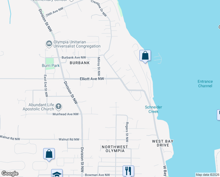 map of restaurants, bars, coffee shops, grocery stores, and more near 1958 Westridge Lane Northwest in Olympia