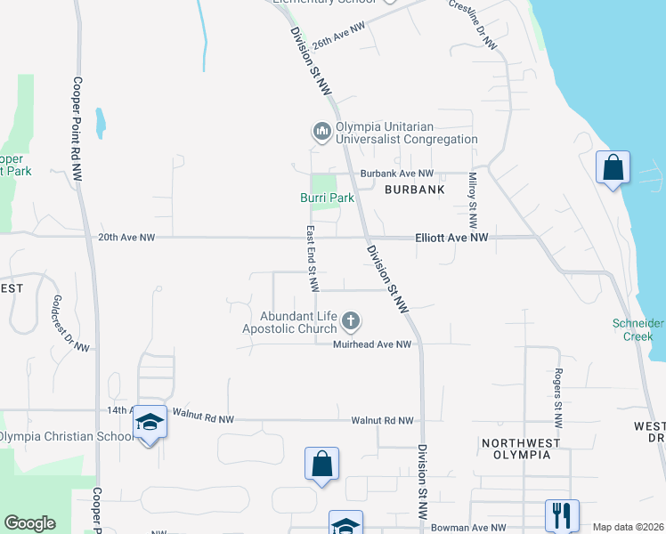 map of restaurants, bars, coffee shops, grocery stores, and more near 2319 Elliott Avenue Northwest in Olympia