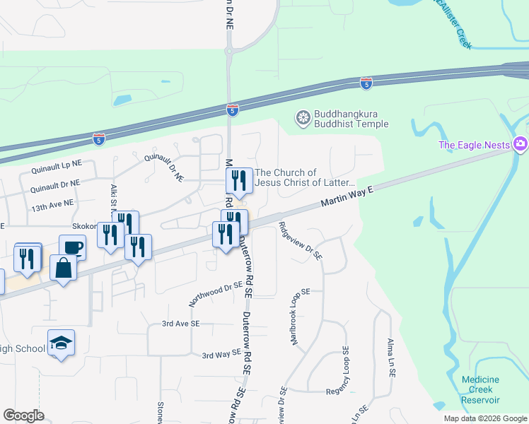 map of restaurants, bars, coffee shops, grocery stores, and more near 9438 Fagan Court Northeast in Olympia