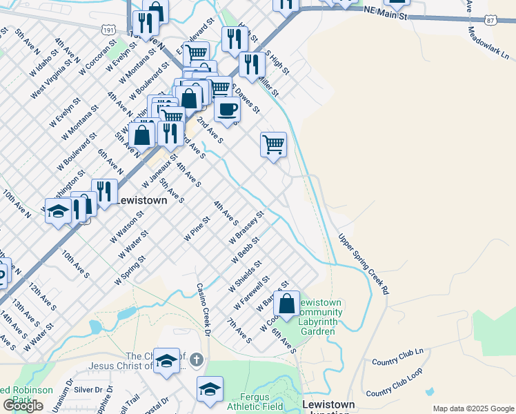 map of restaurants, bars, coffee shops, grocery stores, and more near 711 3rd Avenue South in Lewistown