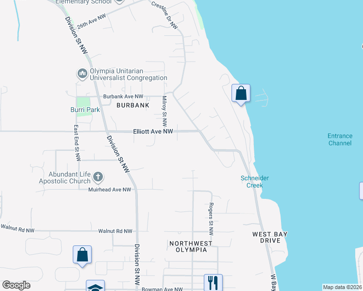 map of restaurants, bars, coffee shops, grocery stores, and more near 1958 Westridge Lane Northwest in Olympia