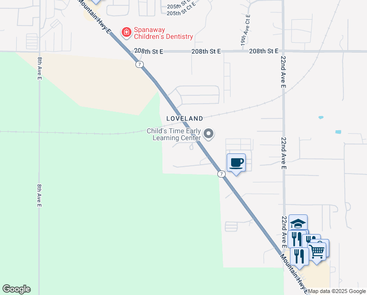 map of restaurants, bars, coffee shops, grocery stores, and more near 1508 214th Street East in Spanaway