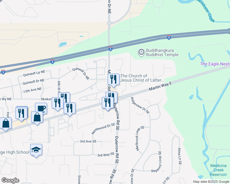 map of restaurants, bars, coffee shops, grocery stores, and more near 9410 Martin Way East in Olympia
