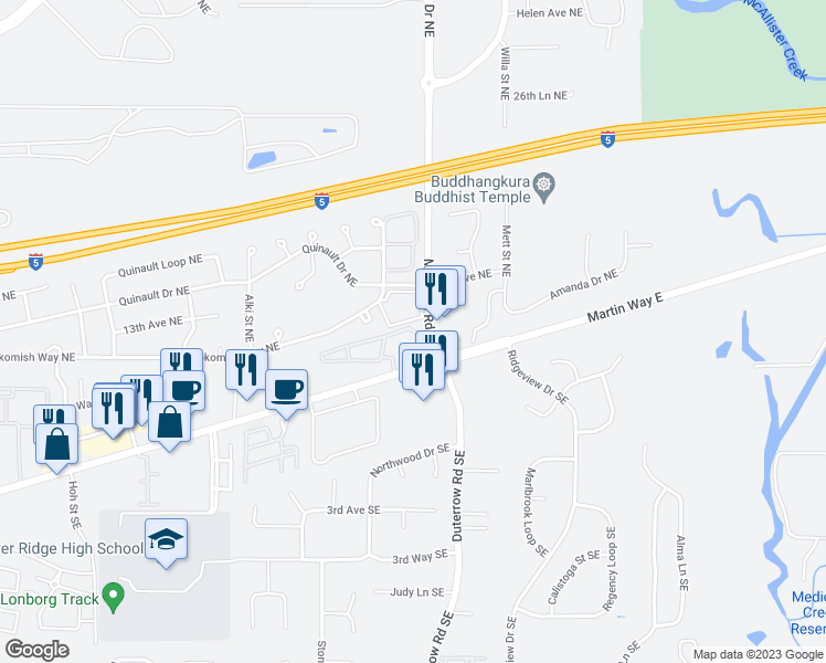map of restaurants, bars, coffee shops, grocery stores, and more near 9144 Windsor Lane Northeast in Olympia