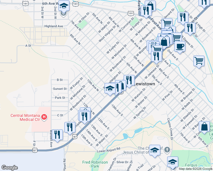 map of restaurants, bars, coffee shops, grocery stores, and more near 301 9th Avenue North in Lewistown