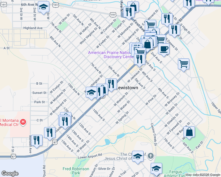 map of restaurants, bars, coffee shops, grocery stores, and more near 701 West Main Street in Lewistown