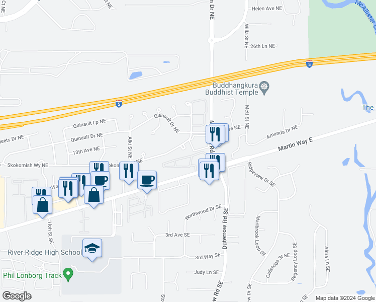 map of restaurants, bars, coffee shops, grocery stores, and more near 1136 Wapato Court Northeast in Olympia