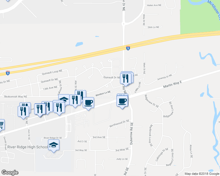map of restaurants, bars, coffee shops, grocery stores, and more near 1136 Wapato Court Northeast in Olympia