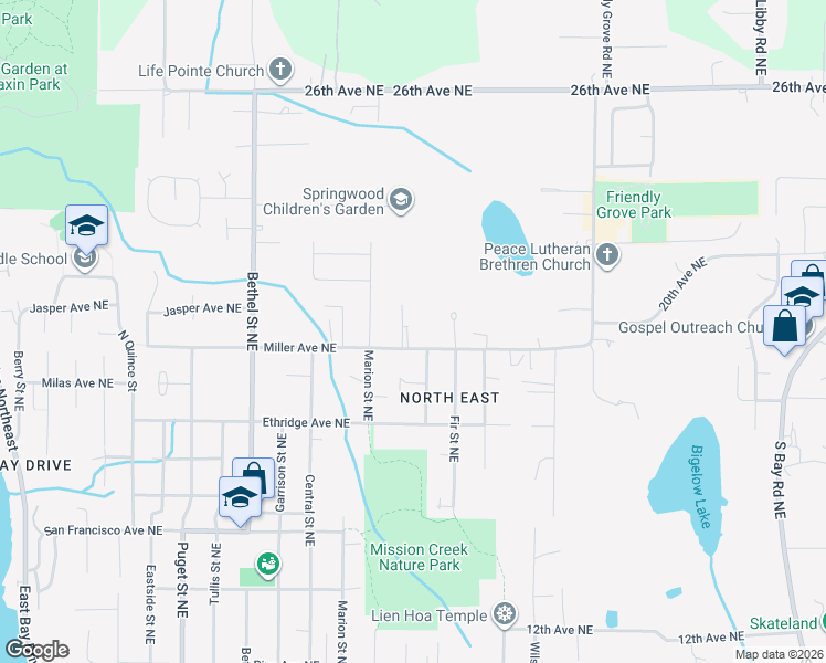 map of restaurants, bars, coffee shops, grocery stores, and more near 1756 Miller Avenue Northeast in Olympia
