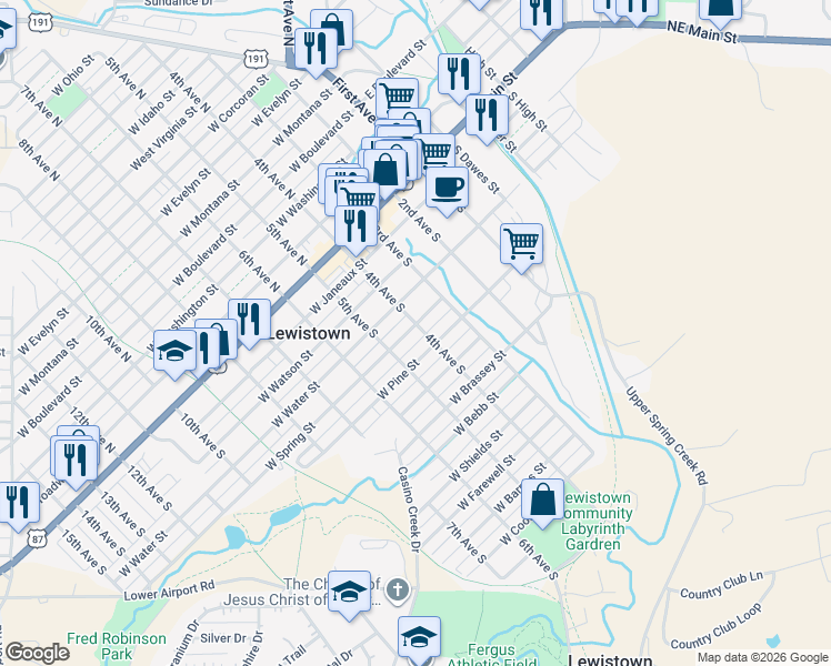 map of restaurants, bars, coffee shops, grocery stores, and more near 401 West Spring Street in Lewistown