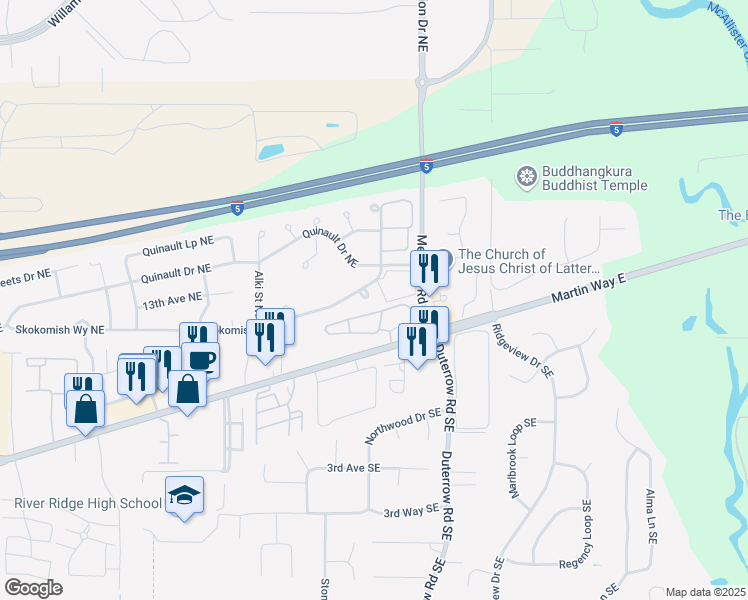 map of restaurants, bars, coffee shops, grocery stores, and more near 1136 Wapato Court Northeast in Olympia