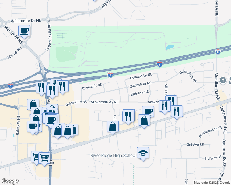 map of restaurants, bars, coffee shops, grocery stores, and more near 8633 Quinault Drive Northeast in Olympia