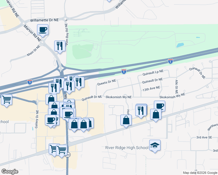 map of restaurants, bars, coffee shops, grocery stores, and more near 8520 Quinault Drive Northeast in Olympia