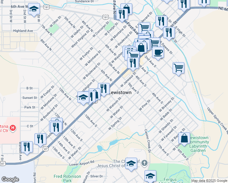 map of restaurants, bars, coffee shops, grocery stores, and more near 618 West Janeaux Street in Lewistown
